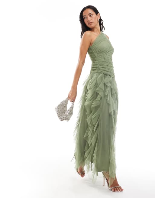 Lace & Beads - Bruidsmeisjes - Maxi-jurk met blote schouder in rood en bosgroen