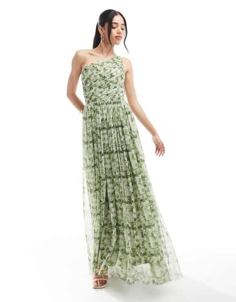 Lace & Beads - Bruidsmeisjes - Maxi-jurk met enkele schouderband en bloemenprint in olijfgroen - view 1