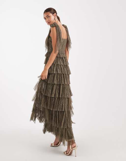 Lace & Beads - Bruidsmeisjes - Maxi jurk met gestrikte schouders en stroken in olijf, 4 van 4