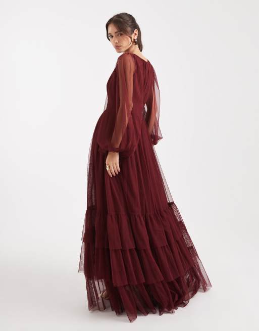 Lace & Beads - Bruidsmeisjes - Maxi jurk met lange mouwen in bordeauxrood, 3 van 4