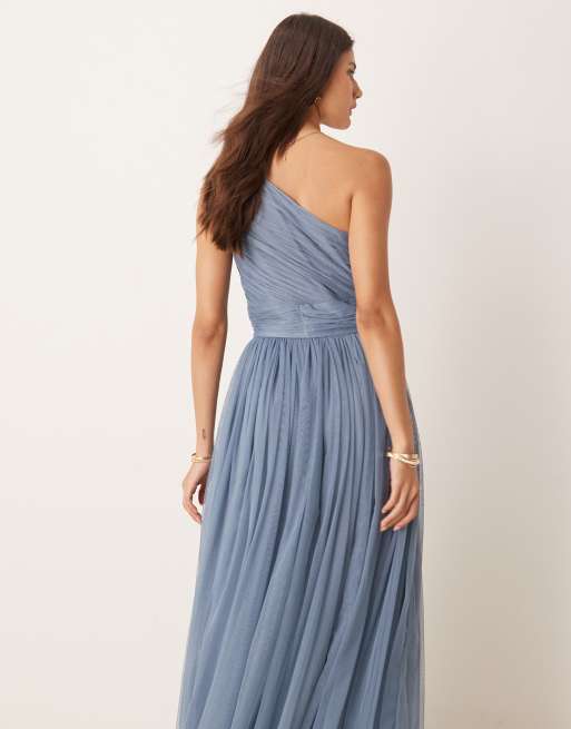 Lace & Beads - Bruidsmeisjes - Maxi jurk van tule met blote schouder in blauw, 4 van 4