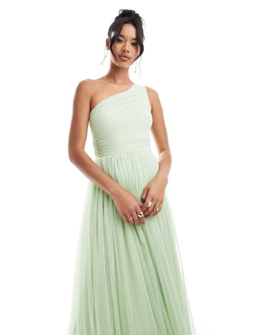 Lace & Beads - Bruidsmeisjes - Maxi-jurk van tule met blote schouder in saliegroen, 2 van 4