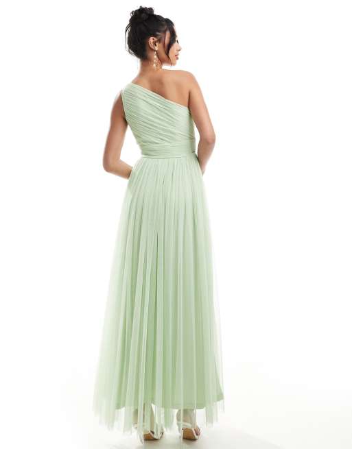Lace & Beads - Bruidsmeisjes - Maxi-jurk van tule met blote schouder in saliegroen, 3 van 4