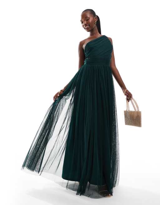Lace & Beads - Bruidsmeisjes - Maxi jurk van tule met blote schouder in smaragdgroen