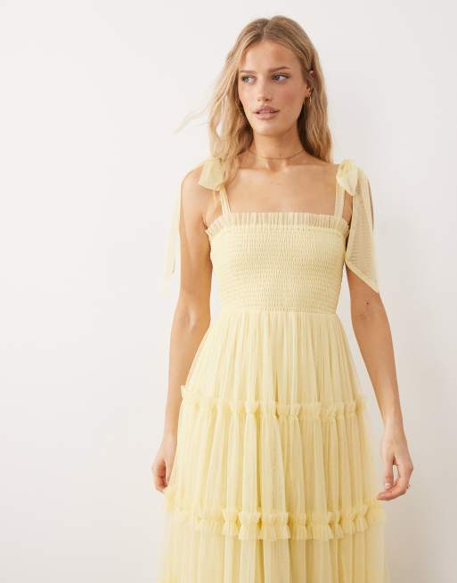 Lace & Beads - Bruidsmeisjes - Maxi-jurk van tule met gestrikte schouders in citroengeel , 2 van 4