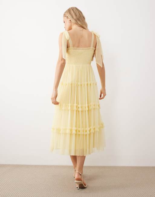 Lace & Beads - Bruidsmeisjes - Maxi-jurk van tule met gestrikte schouders in citroengeel , 3 van 4