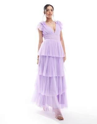 Lace & Beads - Bruidsmeisjes - Maxi jurk van tule met ruches in lila - view 1