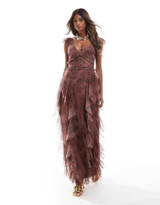 Lace & Beads - Brun maxikjole med flæser og dyreprint i tyl