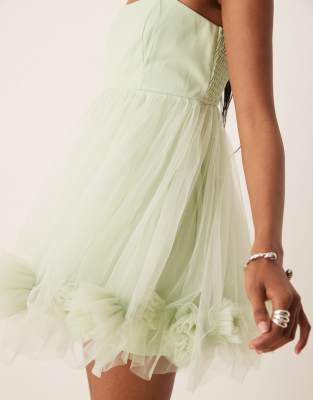 Lace & Beads bubble hem babydoll tulle mini dress in pistachio