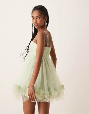 Lace & Beads bubble hem babydoll tulle mini dress in pistachio