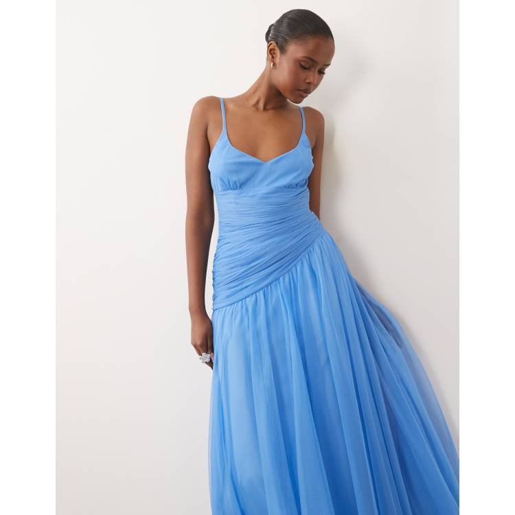 embellished asymmetric maxi dress in smokey blue Yvette Slip Maxi Dress With Asymmetrical Hem