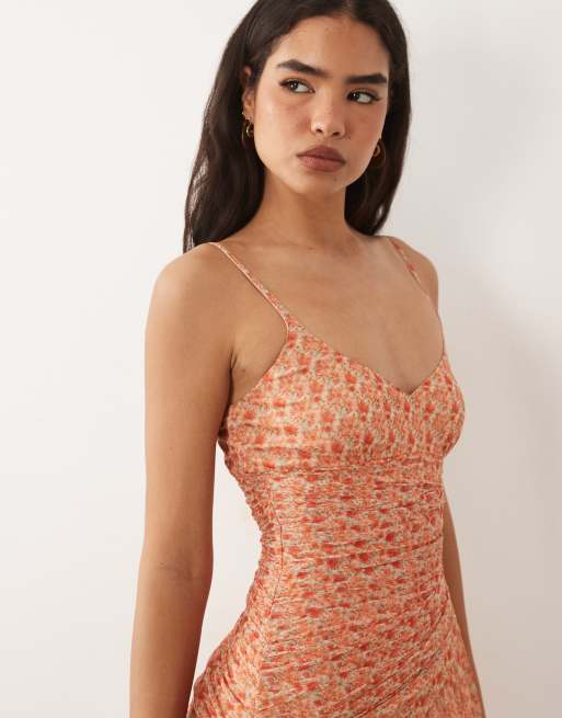 Lace & Beads cami ruched asymmetric bodice maxi dress in red wildflower ditsy print, 2 of 4