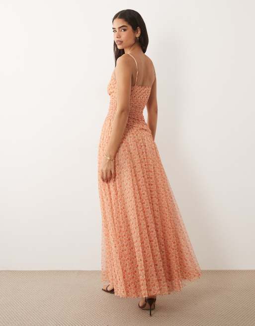 peach asymmetrical maxi dress Nocelle Cotton Floral Maxi Dress White Peach / 6 main image 0