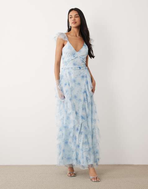 Lace & Beads cami ruffle tulle maxi dress in blue floral print - view 1
