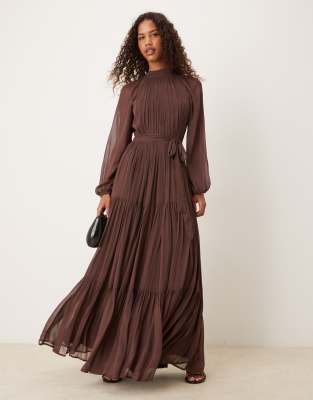 Ivory Lace Bodice Chiffon Dress with Slit Chocolate