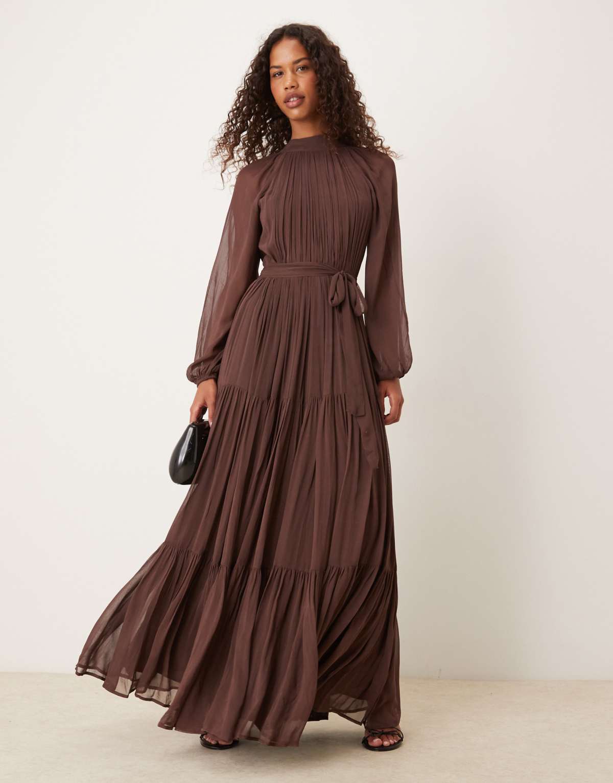 Lace & Beads chiffon balloon sleeve maxi dress in chocolate