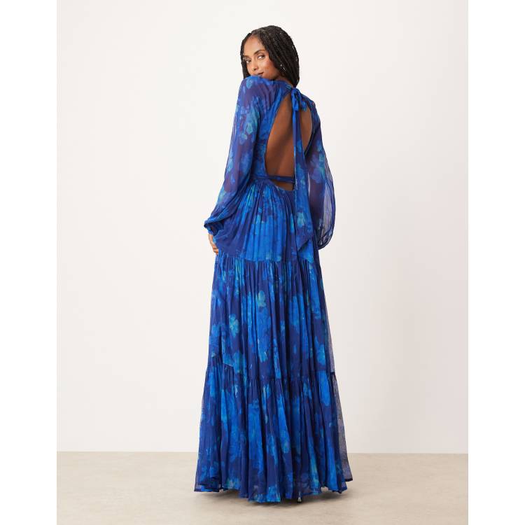 blue beauty bouquet long sleeve maxi dress Veda Long Sleeve Floral Tiered Ruffle Maxi Dress Blue