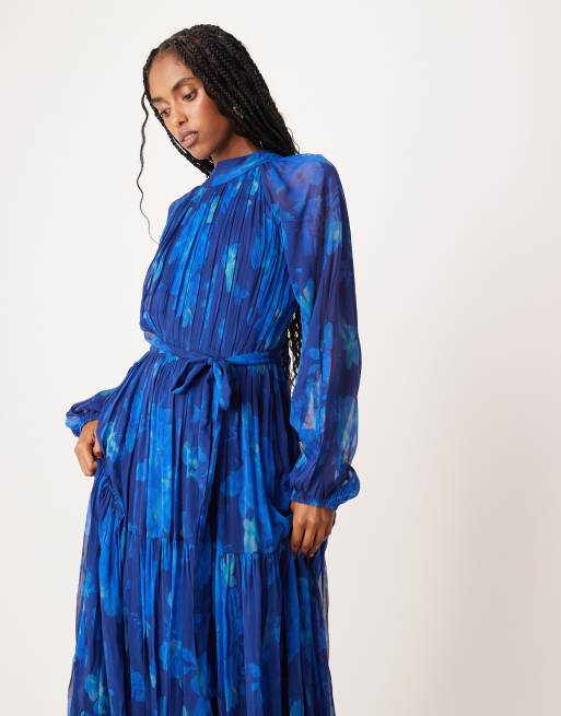 Lace & Beads chiffon balloon sleeve maxi dress in cobalt