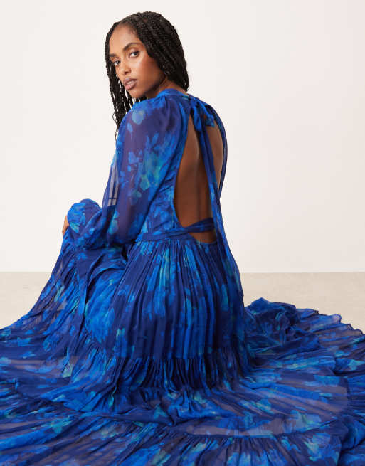 Lace & Beads chiffon balloon sleeve maxi dress in cobalt