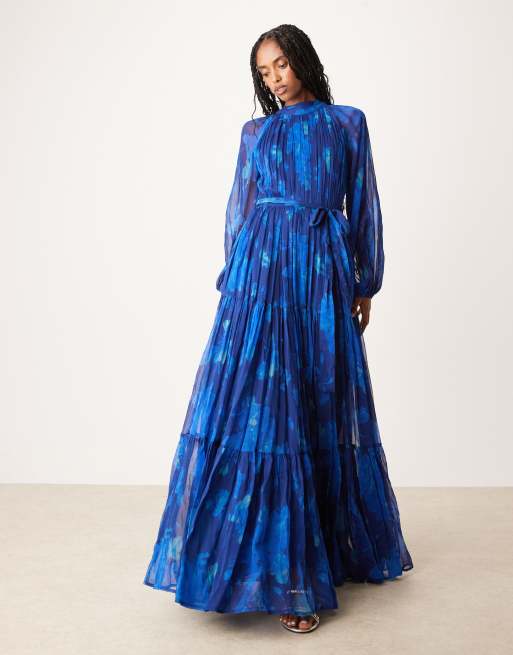 Lace & Beads chiffon balloon sleeve maxi dress in cobalt