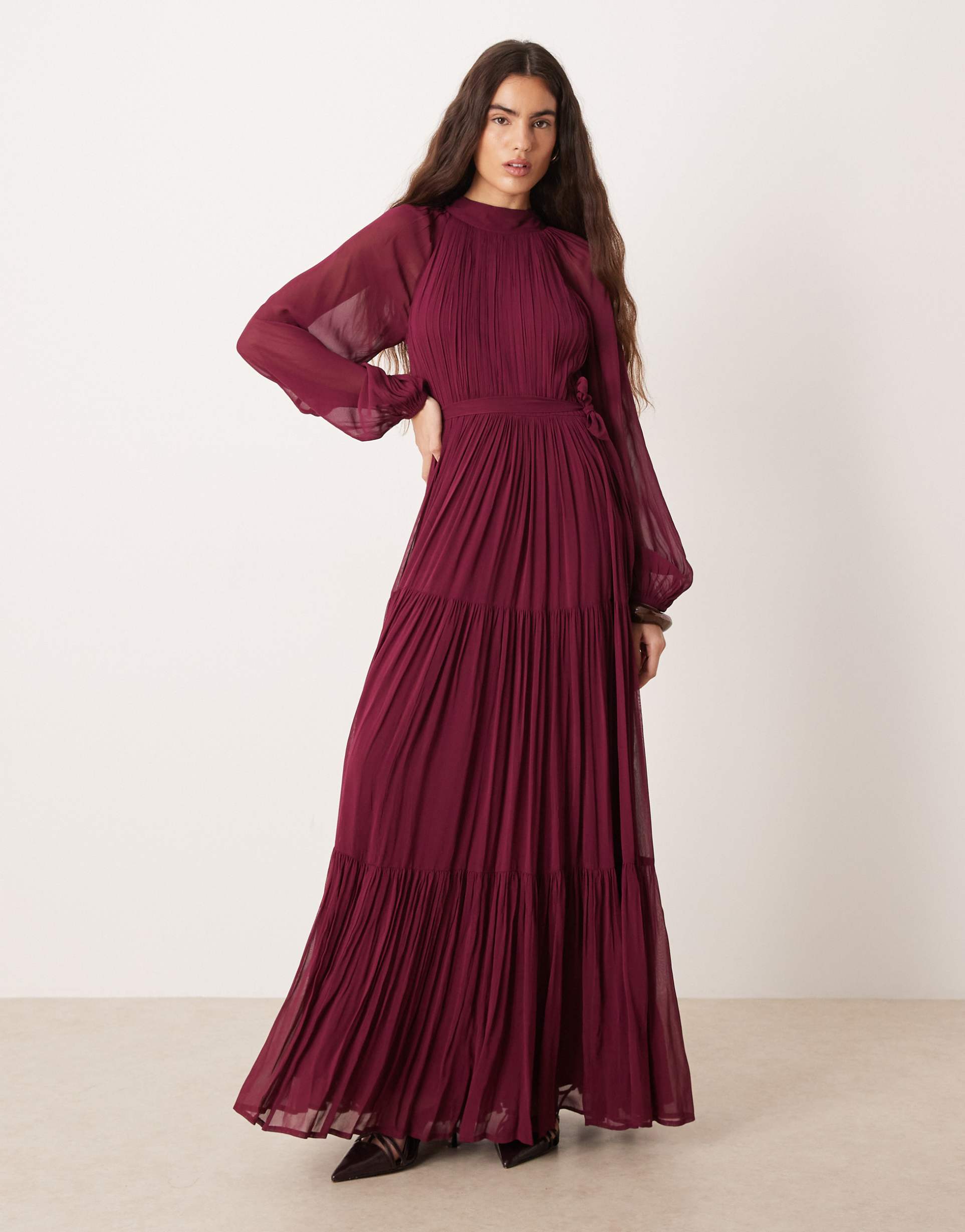 lace & beads chiffon balloon sleeve tie waist pleated tiered maxi dress in burgundy