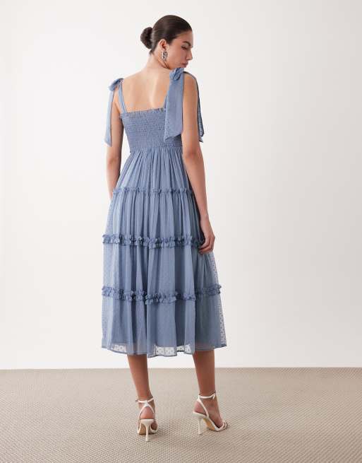 Lace & Beads chiffon dobby bow shoulder shirred ruffle midi dress in blue, 4 of 4