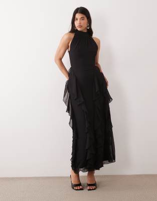 Lace & Beads Chiffon High Neck Backless Ruffle Maxi Dress In Black