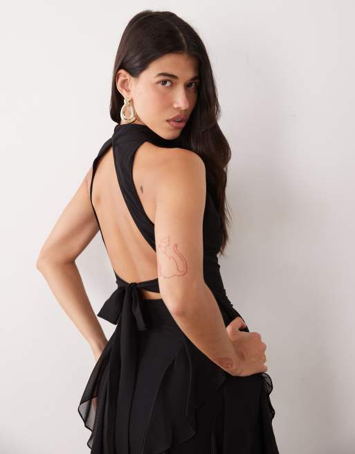 Lace & Beads chiffon high neck backless ruffle maxi dress in black, 2 of 4
