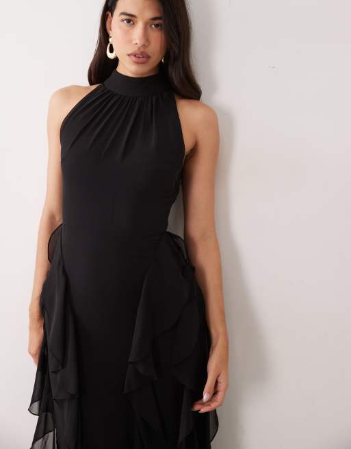 Lace & Beads chiffon high neck backless ruffle maxi dress in black, 3 of 4
