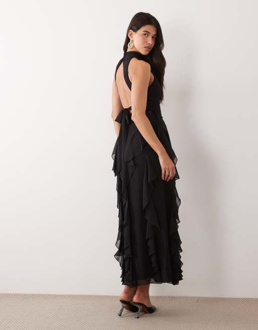 Lace & Beads chiffon high neck backless ruffle maxi dress in black, 4 of 4