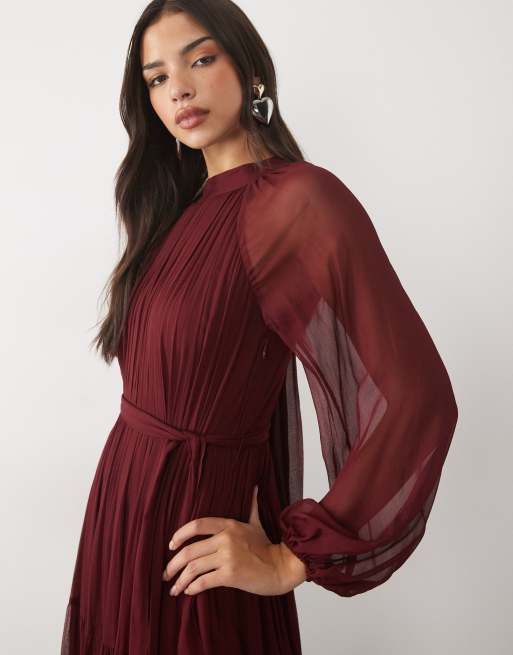 Lace & Beads chiffon high neck blouson sleeve maxi dress in burgundy, 2 of 4
