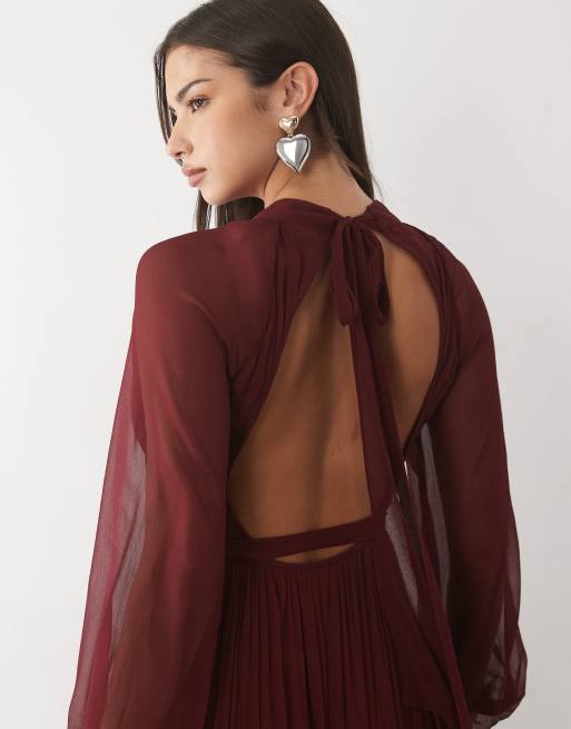 Lace & Beads chiffon high neck blouson sleeve maxi dress in burgundy, 3 of 4