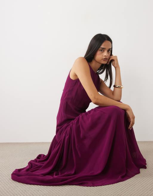 Lace & Beads chiffon high neck sleeveless drop pleat waist maxi dress in fig, 2 of 4