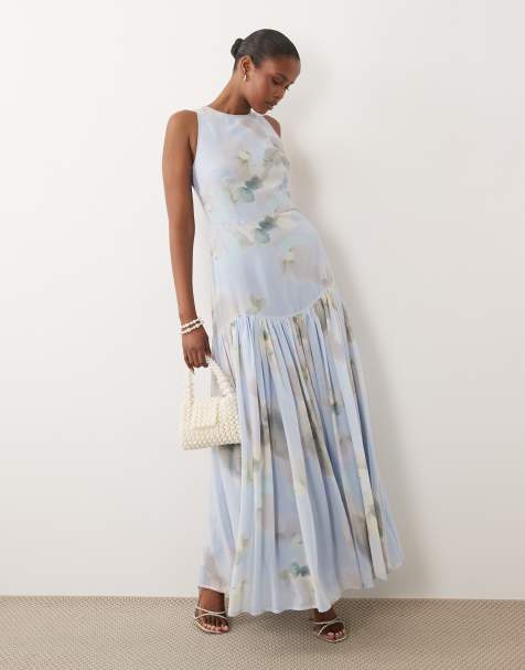 Lace & Beads chiffon high neck sleeveless drop waist full skirt maxi dress in blue - view 1