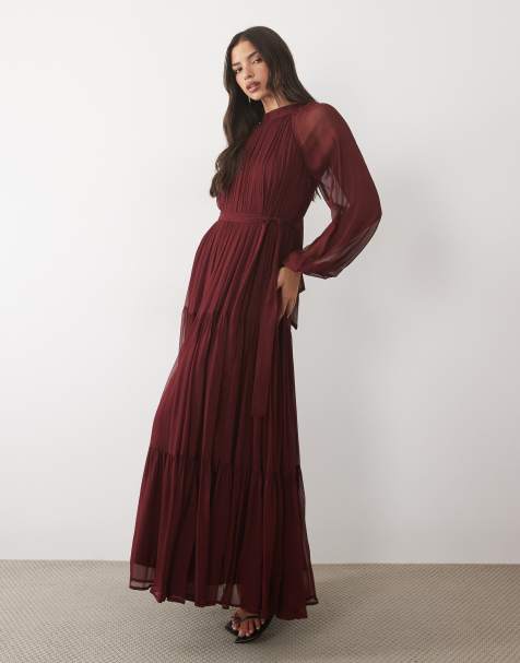 Lace & Beads chiffon højhalset maxikjole med blousonærmer i bordeaux - view 1