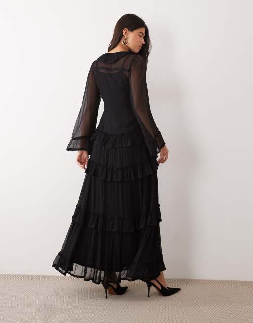 Lace & Beads chiffon maxikjole med dyb udskæring, ærmer med svaj og flæsedetaljer i sort, 4 af 4
