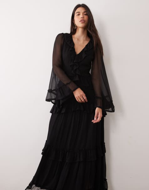 Lace & Beads chiffon plunge neck flare sleeve ruffle maxi dress in black - view 1