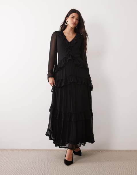Lace & Beads chiffon plunge neck flare sleeve ruffle trim maxi dress in black