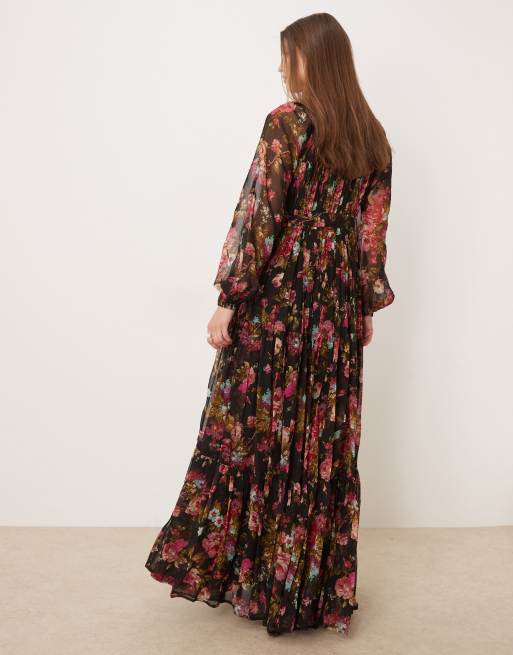 Lace & Beads chiffon sheer balloon sleeve maxi dress in black floral print, 3 of 4