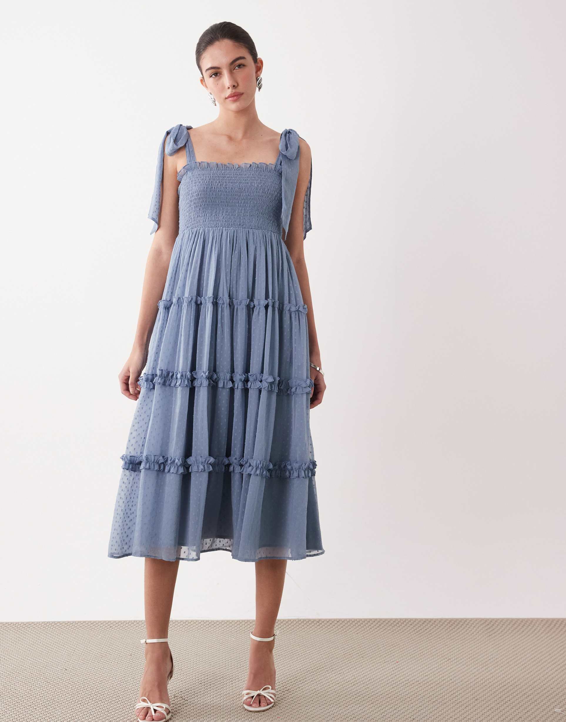 lace & beads chiffon textured bow shoulder shirred ruffle midi dress in blue