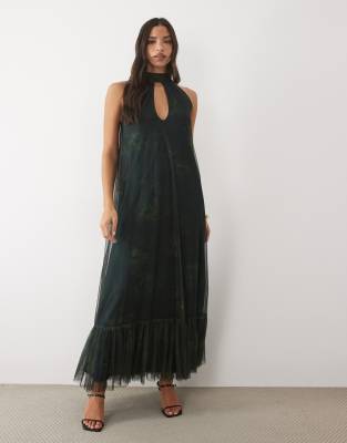 Lace & Beads Choker Keyhole Cut Out Trapeze Maxi Dress In Green