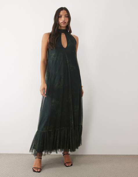 Lace & Beads choker keyhole cut out trapeze maxi dress in dark green floral - view 1