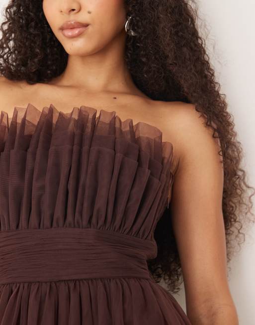 Lace & Beads - Chokolade-blommefarvet bandeau-maxikjole med taljebånd i tyl, 4 af 4