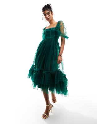 Lace & Beads – Ciemnozielona sukienka midaxi z gorsetem i tiulowymi falbanami