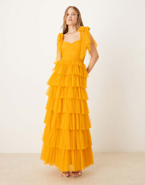 Lace & Beads bow shoulder tulle maxi dress in butterscotch
