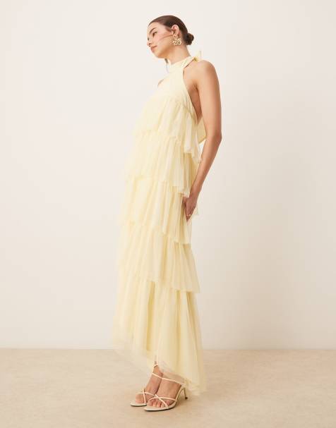 Lace & Beads - Citrongul lagdelt maxikjole med åben ryg i tyl - view 1