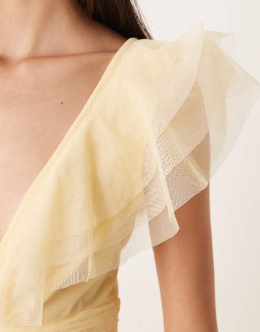 Lace & Beads - Citrongul lagdelt maxikjole med flagrende ærmer og flæser i tyl, 2 af 4