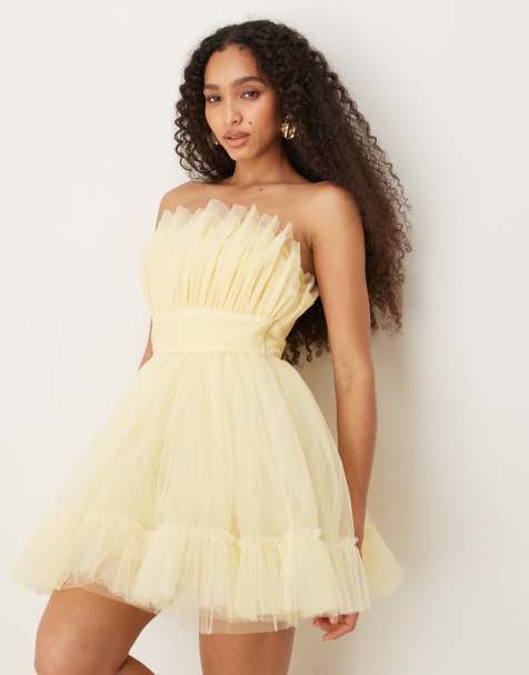 Lace & Beads – Citrongul, strukturerad miniklänning i tyll med bandeau-ringning - view 1