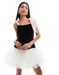 [Lace & Beads] Lace & Beads contrast bow sleeve mini dress in black 8 Black/Ivory