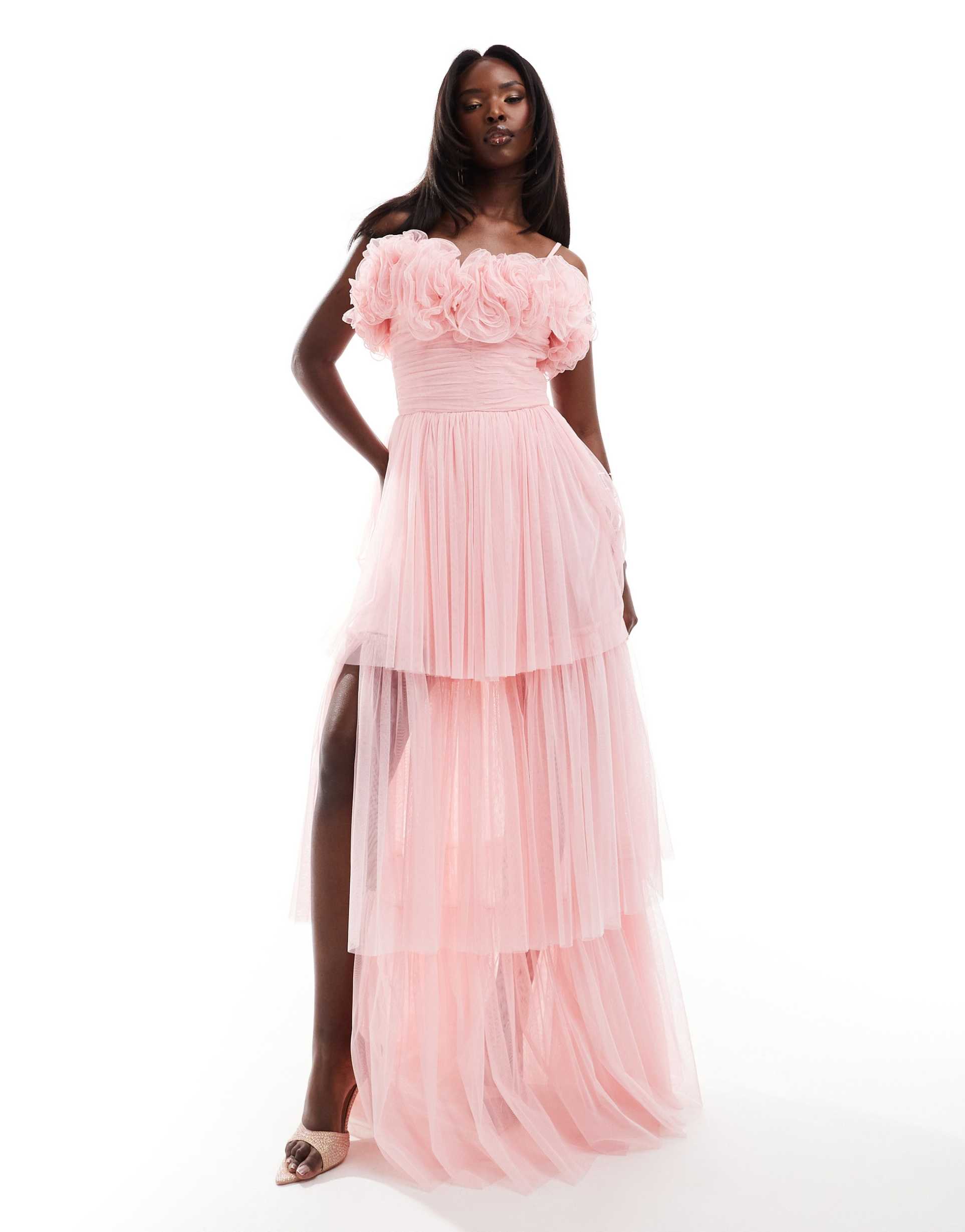 lace & beads corsage tulle maxi dress in powder pink